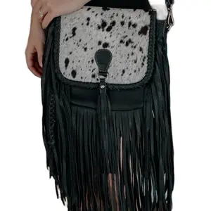Black Pearl Crossbody Bag with Cowhide Front and Fringe Detail for Stylish Everyday Use