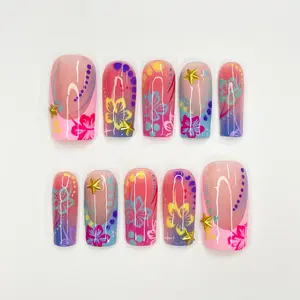 Medium Square Press-On Nails - Unique Colorful Flower Custom Design, Fake Nails for Birthday, Holiday Gift for Her