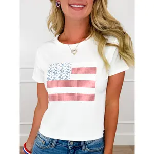 Floral Flag Cotton Blend Short Sleeve White Avery Mae Mom Cropped Top