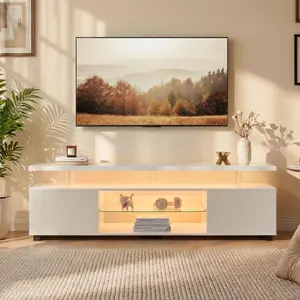 White LED Media Console for 70 Inch TVs Gaming Entertainment Center with Cable Management and Large Side Cabinet Storage for Living Room summervibes