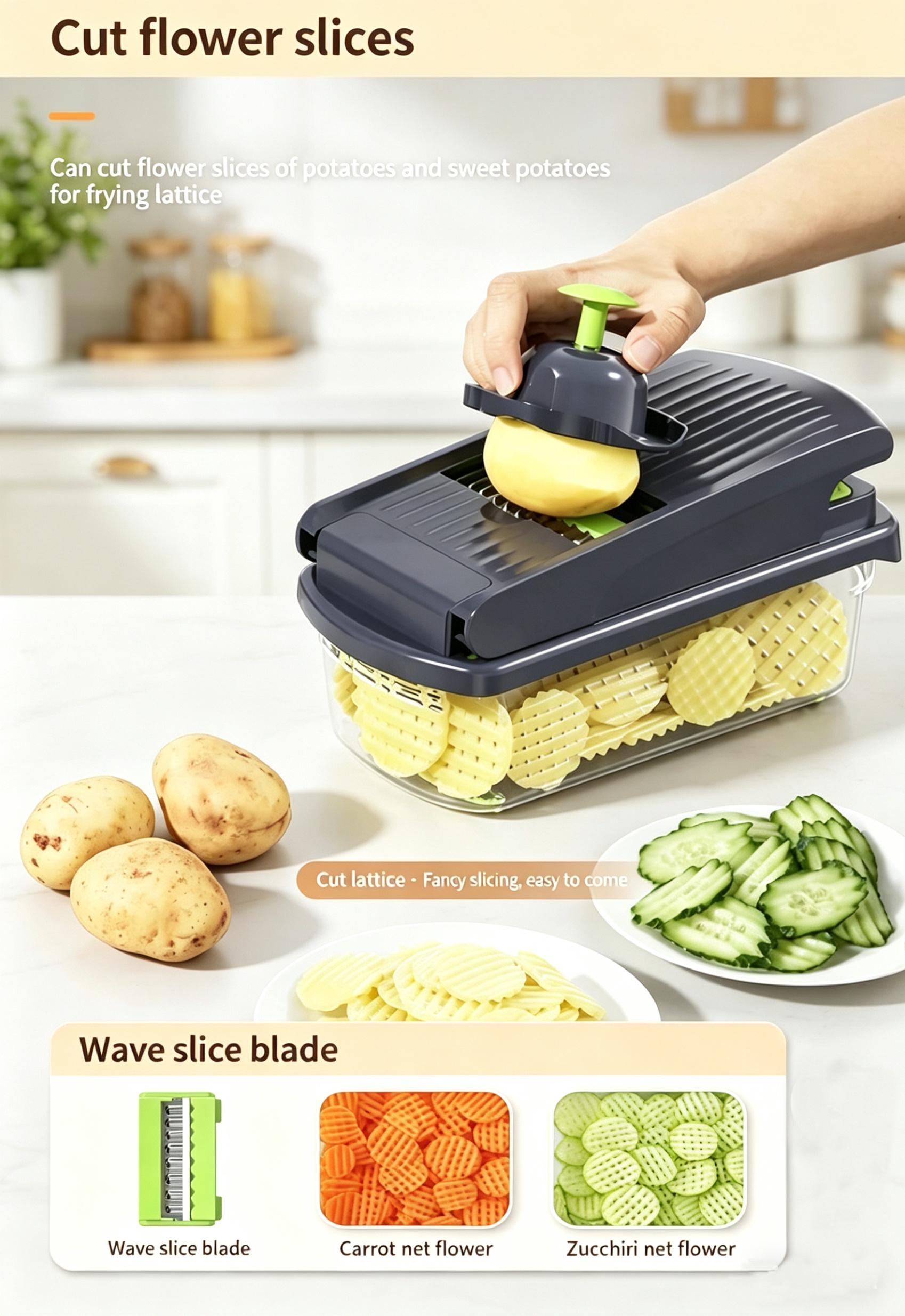Multifunctional Vegetable Chopper, Kitchen Mandoline Slicer for Potato, Carrot & Cucumber, Easy Food Dicer Cutter Shredder Grater with Stainless Steel Blades, Time-Saving Cooking Tool for Home & Commercial Use