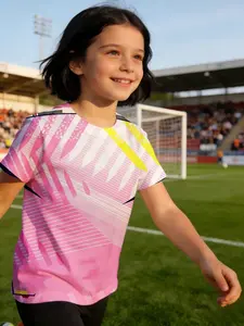 girl child jersey Pink And White Geometric Stripes With Yellow Accent Breathable, light, and comfortable short sleeve T-shirt One piece, summer, soft and breathable, suitable for going out, daily wear Comfortable training sports summer quick-dry