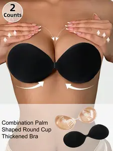 1/2 Counts Women's Thickened Palm-Shaped Round Bras, Breathable Comfortable Lift Pads Reusable Firm Nipple Covers, Invisible Strapless Backless Self Adhesive Push Up Bra Cups, Suitable for Dresses & Formal Clothes & Hot Summer Weather