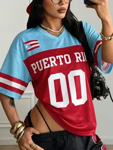 Women's Puerto Rico Soccer Jersey, & Blue Print Y2K Streetwear Tee, Loose-Fitting Breathable Athletic Top, All over Print