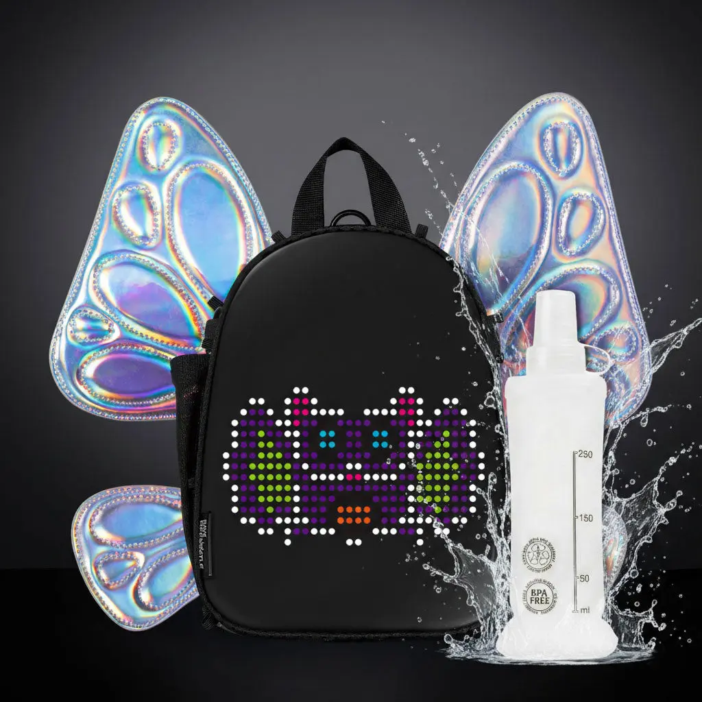 RaveBeetle FLOWt LED Festival Hydration Pack – Swappable Wing Rave Backpack with 8oz Soft Water Bottle & Light Accessory (Holographic Silver)