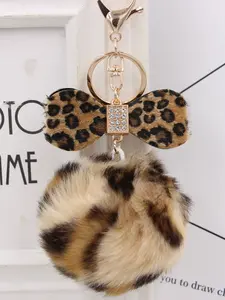 Leopard Print Bow Shaped Bag with Pom Pom Keychain, Plush Faux Fur Car Accessory, Creative Gift Idea for Girls, Keychain for Bags, Keychain Kawaii
