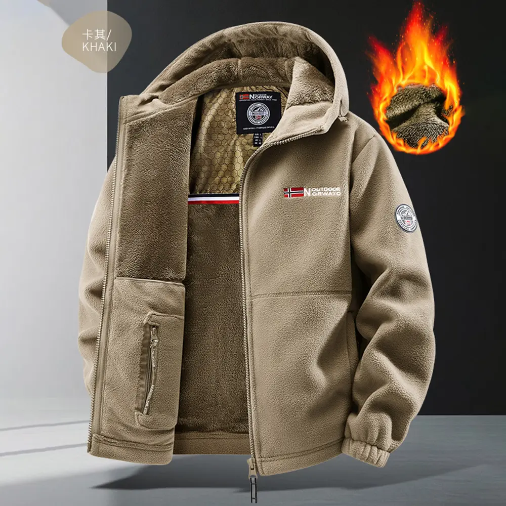 Men’s Stylish Casual Winter Fleece Jacket with Thick Lambswool Lining, Embroidered Design, Constant Temperature, Windproof, Multiple Pockets, Cold-Resistant for Outdoor Mountaineering, Camping, Menswear Coats