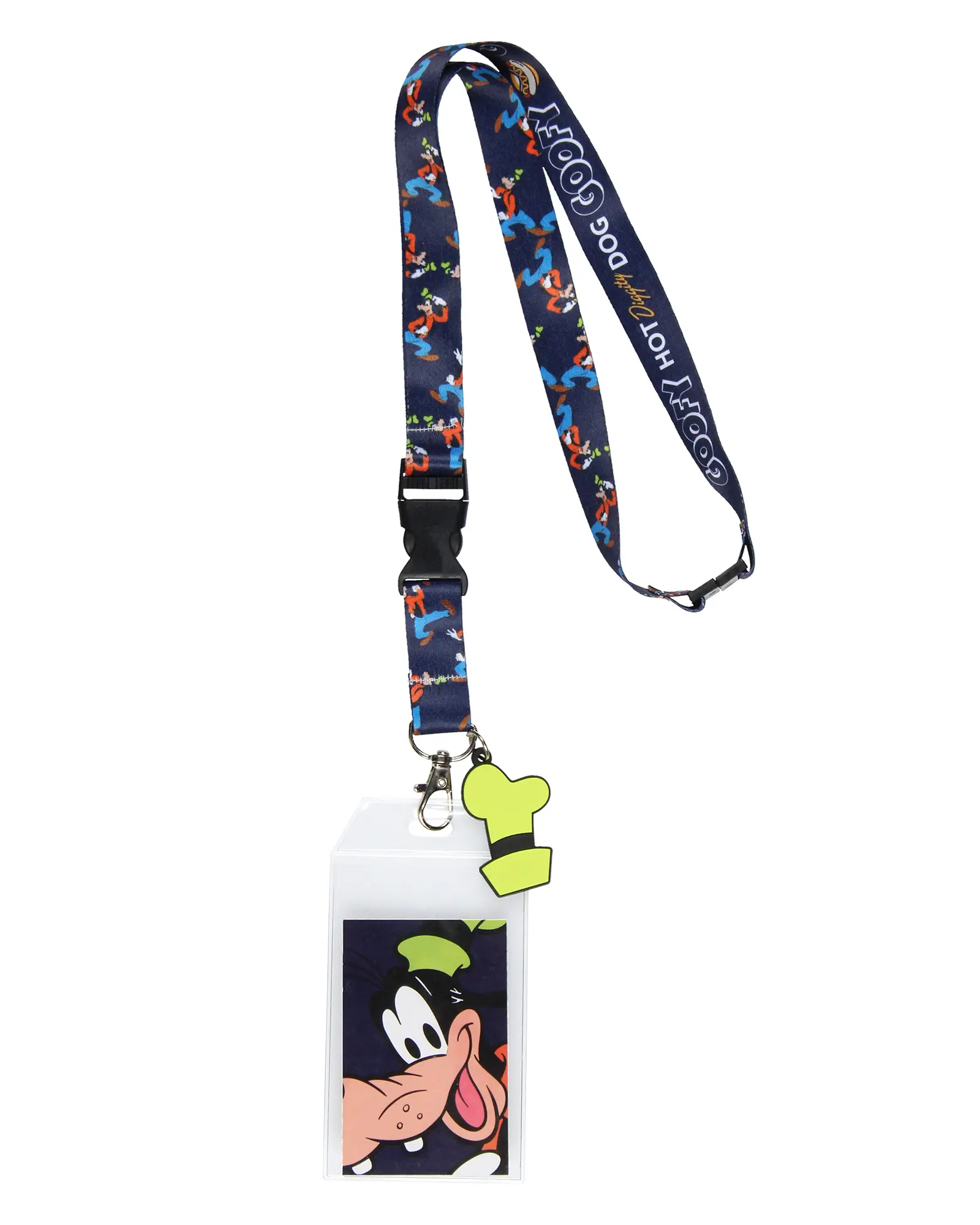Disney Hot Diggity Dog Goofy Lanyard with Clear ID Badge Holder and 2" Rubber Green Hat Charm