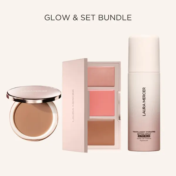 Laura Mercier Glow and Set: Tinted Blur Balm Foundation Balm to Powder Formula + Bonne Glow Cream Face Palette + Hydrating Blurring Setting Spray