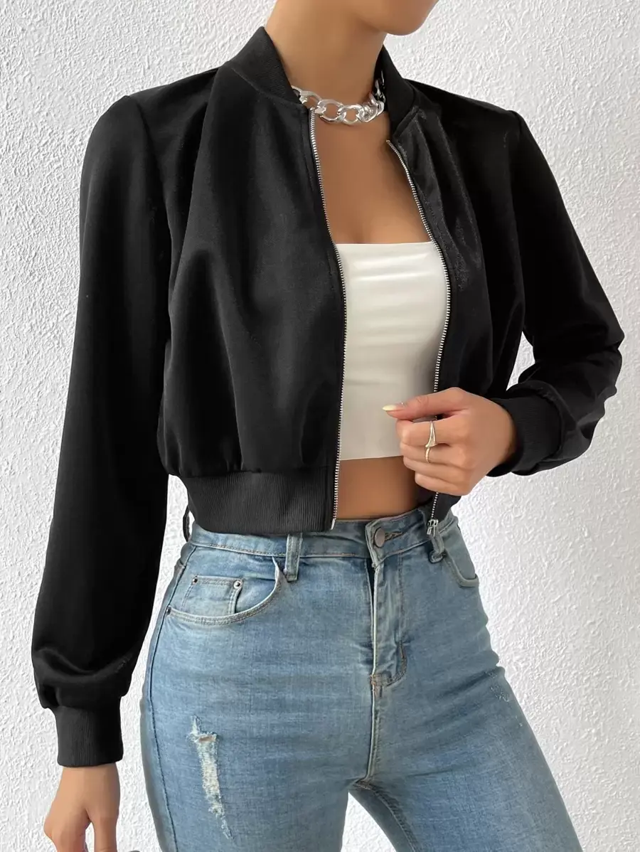 Women's Black Zip Up Crop Bomber Jacket,Autumn Casual Streetwear Everyday Lightweight Solid Ladies Spring Fall Regular Fit Baseball Collar Jackets