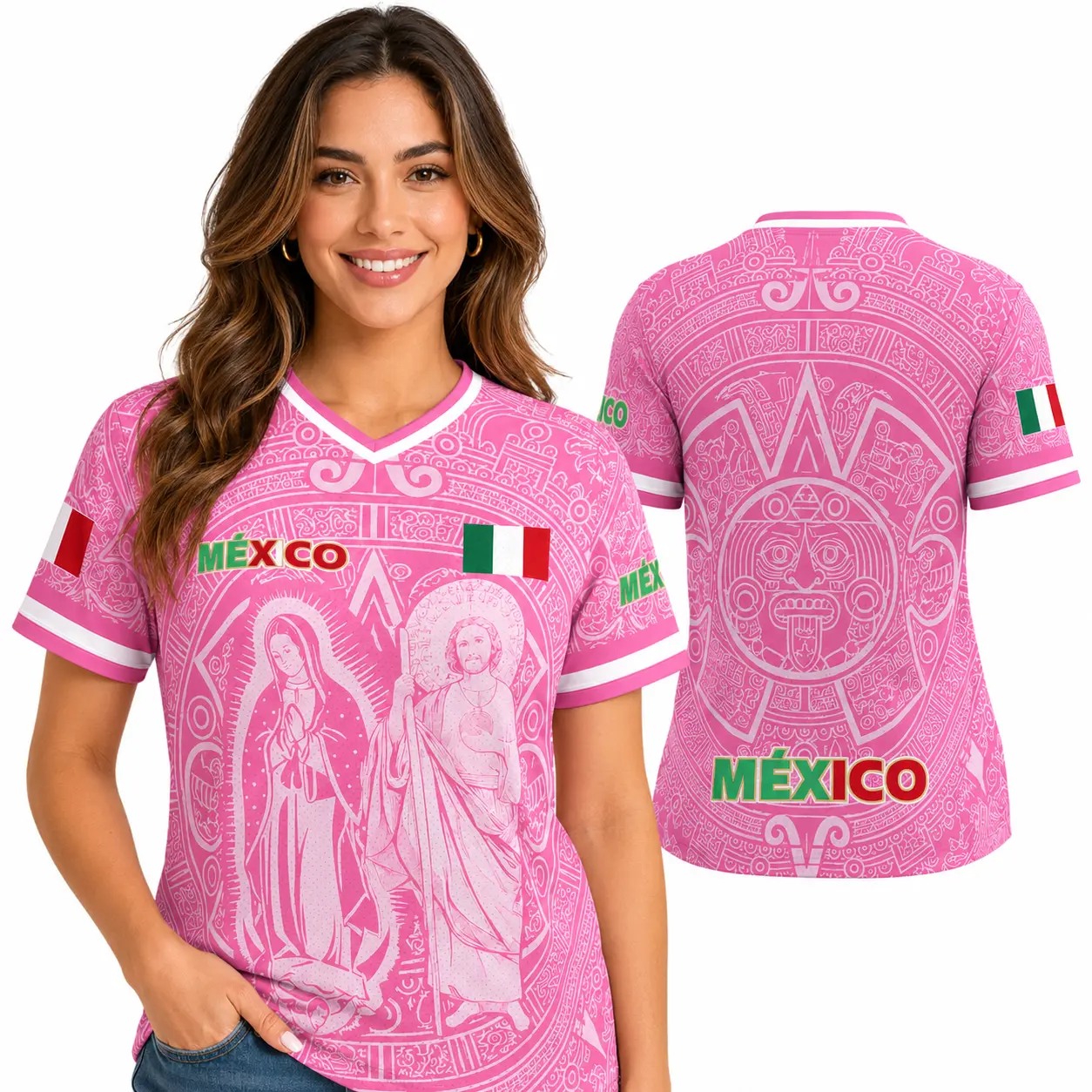 Mexican-Inspired Pink V-Neck Graphic T-Shirt - Ornamental Heritage Print Short Sleeve Breathable Sports Tee, Athleisure Breathable Clothes for Men with Casual Athletic Style