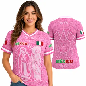 Mexican-Inspired Pink V-Neck Graphic Shirt, Ornamental Heritage Print Short Sleeve Sports Top, Breathable All-Over Print Casual Shirt for Men Women