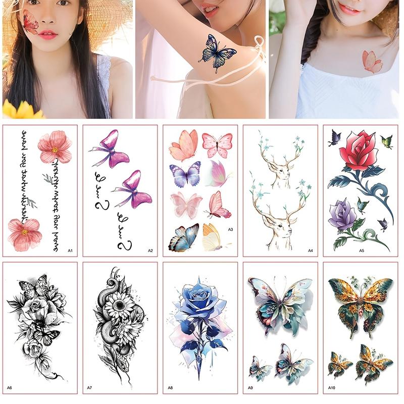 Women's Assorted Sheets Temporary Tattoos Bundle - 10-Sheet, Nontoxic, Waterproof, Pre-Packaged, Unscented, No Battery Needed, Single Item, PVC Glitter (Normal, Solid, Casual), 68*120mm Flowers & Butterfly Body Art for Arms, Legs, Children