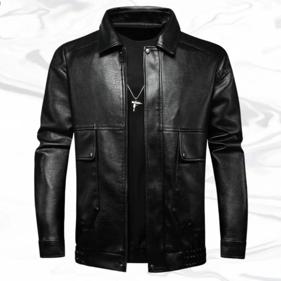 Men's Solid Biker Style Leather Coats, Fur & Faux Fur Jacket for Outerwear with a Studded Hem and Zipper Closure, Menswear, Long Sleeve, Casual, Plain, Woven, Classic, Pull-On