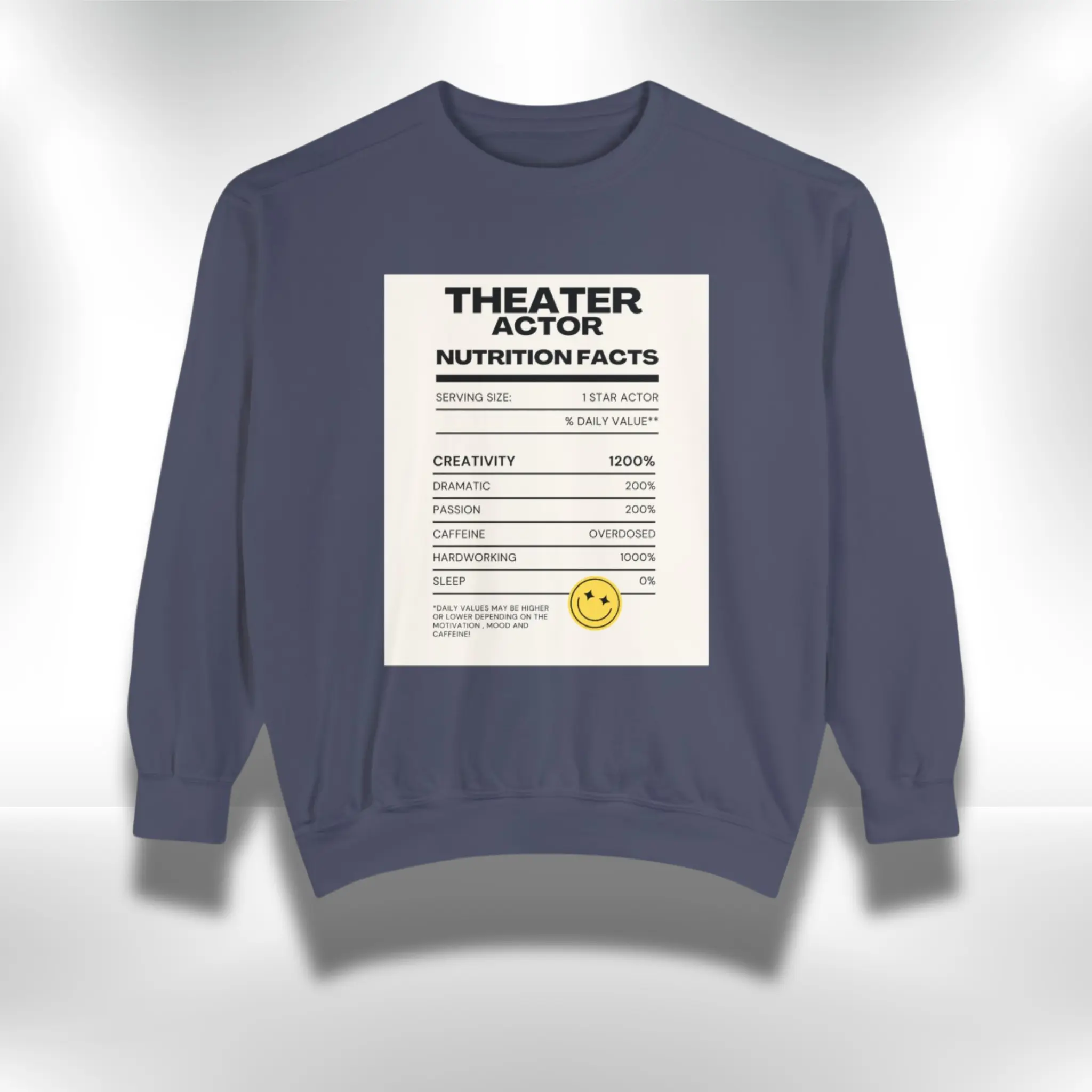 "Unisex Crewneck Theater Actor Sweatshirt – ‘Actor’s Ingredients’ Nutrition Label Design" Cotton Fabric