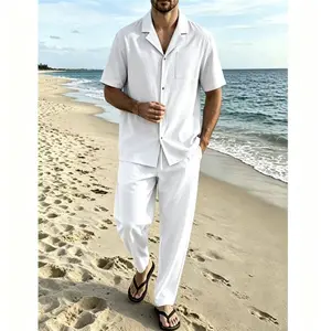 2-Piece Men's Summer Beach Vacation Clothes, Old Money Cuban Collar Button Down Shirt and Long Trousers Matching Co-ord Set Textured Loungewear