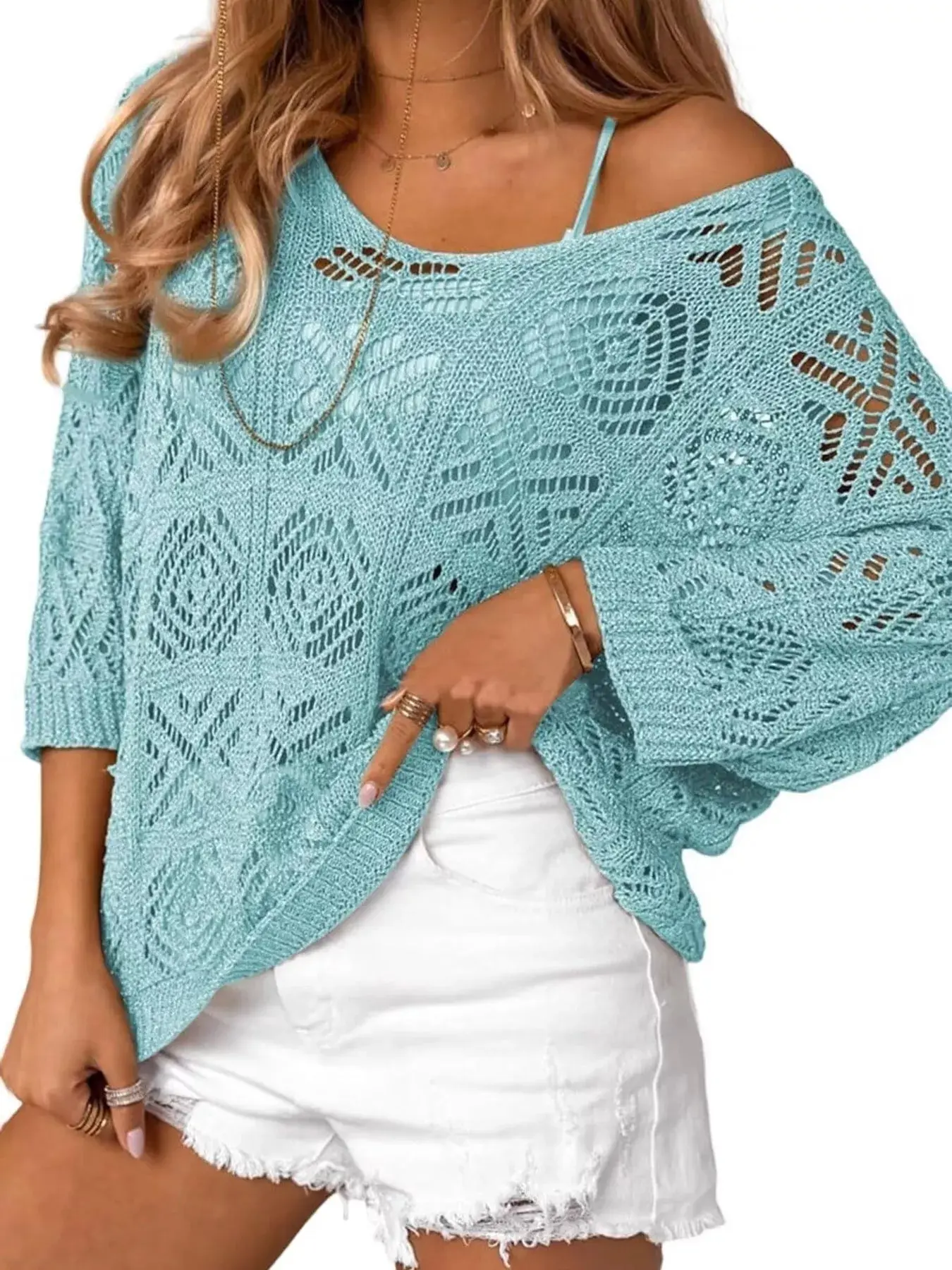 Women's Beach Cover Ups - Stretchy Viscose-Elastane Blend Loose-Fit V-Neck Pullover Top, Slight Back Cutout Beachwear for Women, Standard Sizes, Cold Wash, Tumble Dry Low