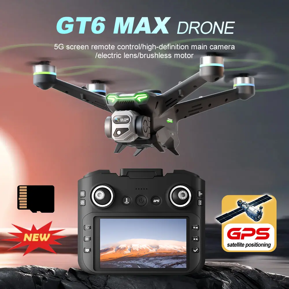 GT6 MAX GPS Camera Drone with 4.5" Screen Controller, Optical Flow Stabilization, Brushless Motor, Smooth Live View FPV Transmission, Foldable Portable Wireless RC Drone for Novice Outdoor Photography, Drone With Camera