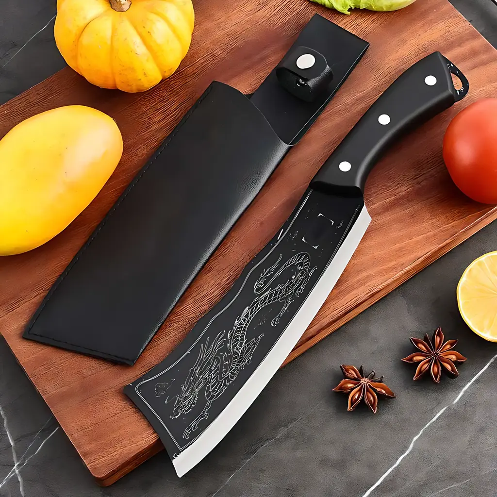 Household stainless steel forged bone cutting knife, high hardness, sharpness and durability, retro carved dragon pattern, with knife cover, convenient for camping, barbecue, mountain climbing, outdoor multi-purpose knife