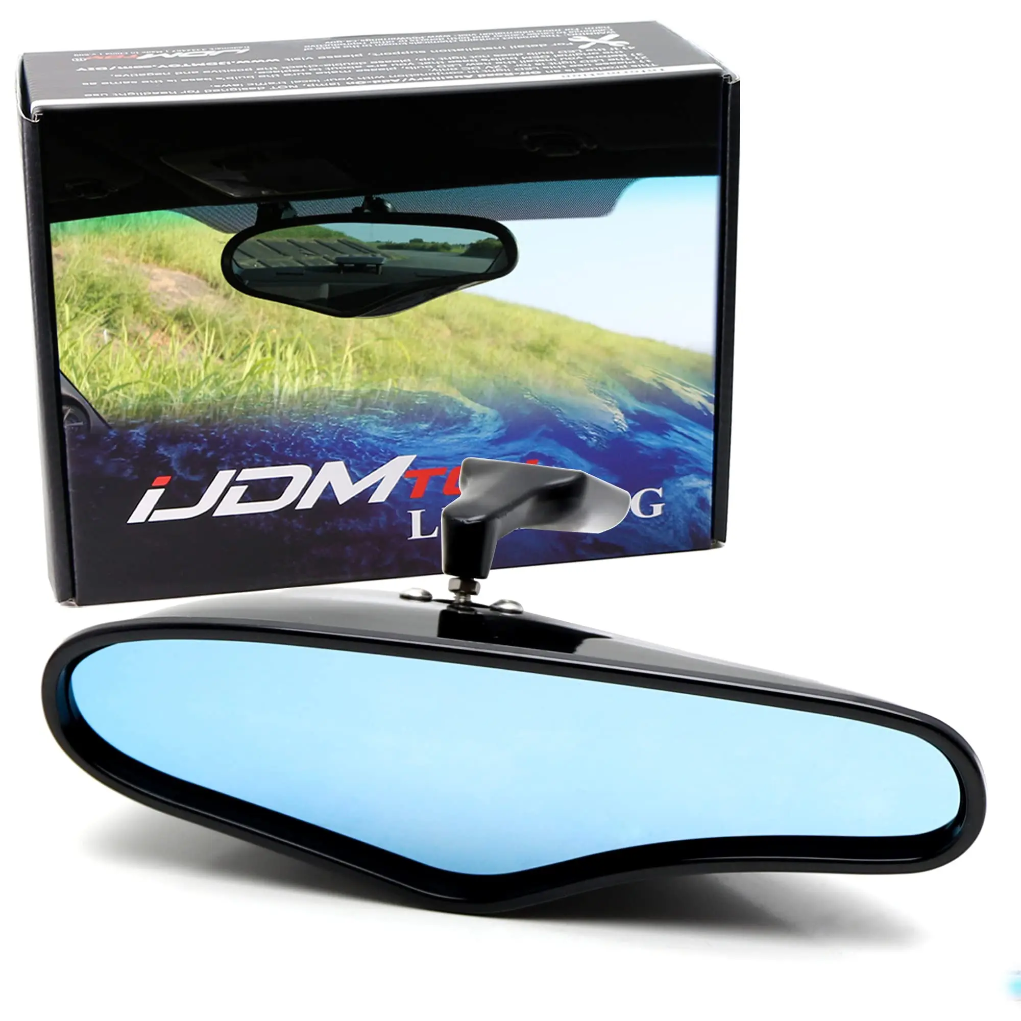 iJDMTOY Universal Fit Gloss Black Exterior Finish Zoom Style Interior Rearview Mirrors w/Blue Tinted Glass (Brackets Included)