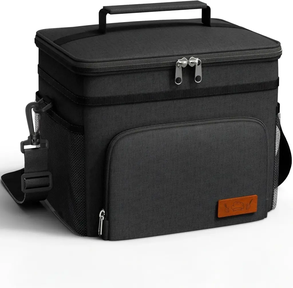 Flag Day Ready: Insulated Leak-Proof Lunch Box for Men & Women | Heavy-Duty Cooler Bag with 4 Pockets & Adjustable Strap | Perfect for Holiday Picnics, Travel & Work | Sleek Black, Medium (10.2"×6.9"×8.5")