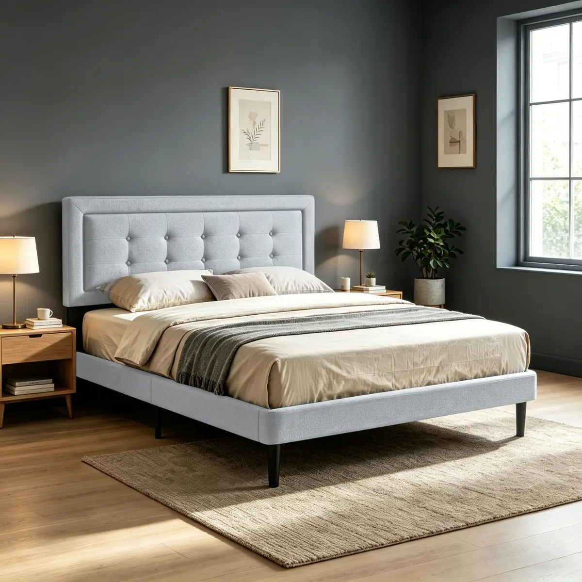 Bellemave Full/Queen Size Upholstered Platform Bed Frame with Square Tufted Headboard, Easy Assembly Bed Frame for Bedroom