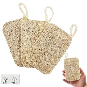Natural Loofah Dishwashing Sponge with Handle, 3 Counts Exfoliating Body Scrubber & 1 Count Hook, Kitchen Cleaning Sponge, Bathroom Supplies, Personal, Exfoliating Bath Tool, Exfoliating Net Loofah