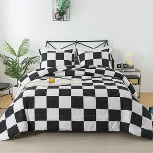 Black White Comforter Set Full Size, 3 count Buffalo Plaid Comforter Bedding Set, Checkered Grid Fluffy Home Decor for All Seasons