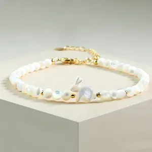 4mm Mother-of-Pearl Rabbit Bracelet—Easter Limited Edition! Easter Rabbit Jewelry | Adjustable Gold Plated Bracelet for Women Girls Gift