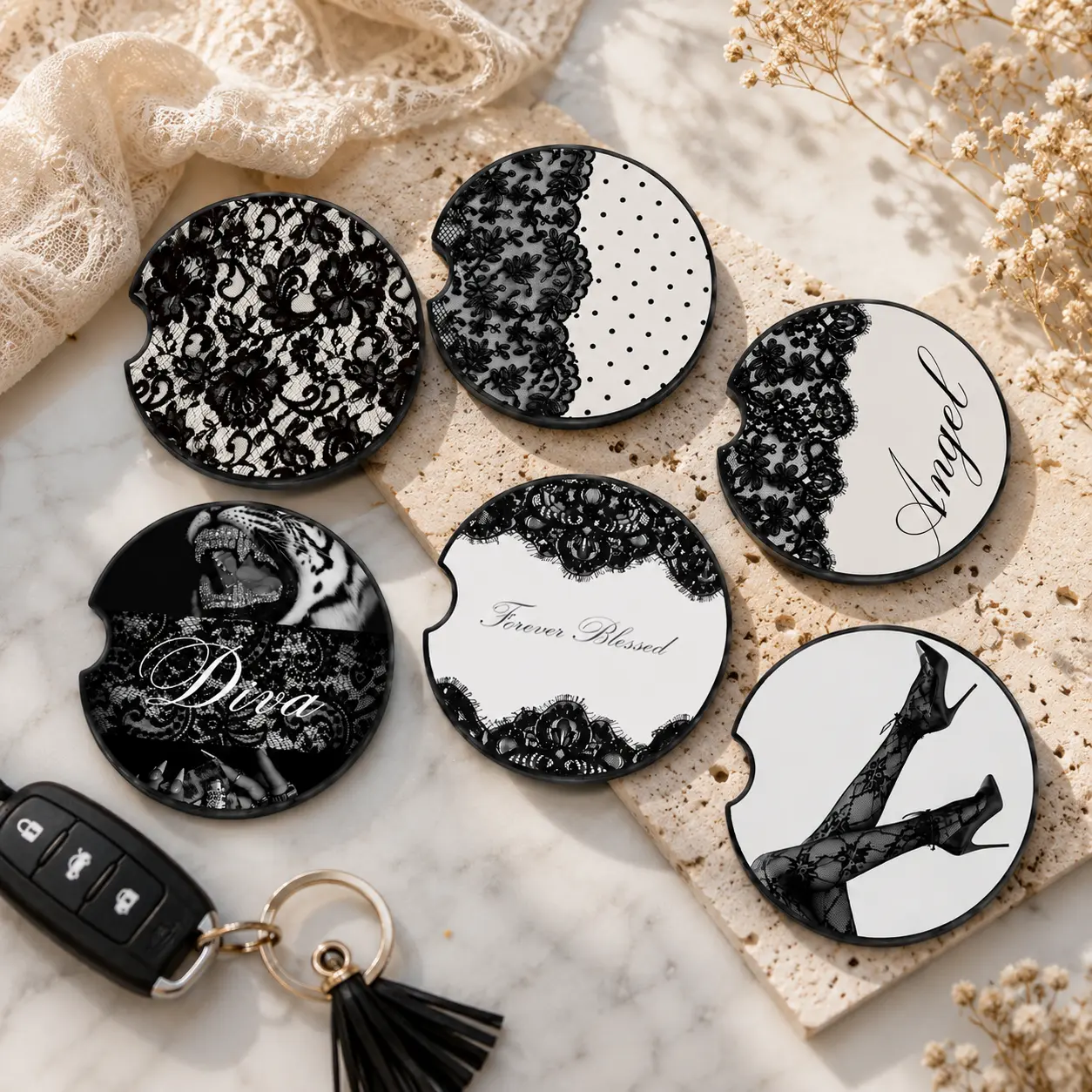 Black Lace Car Coasters Set, Feminine Gothic Car Cup Holder Coasters, Floral Lace Drink Coaster, Angel Diva Forever Blessed, Auto Accessory