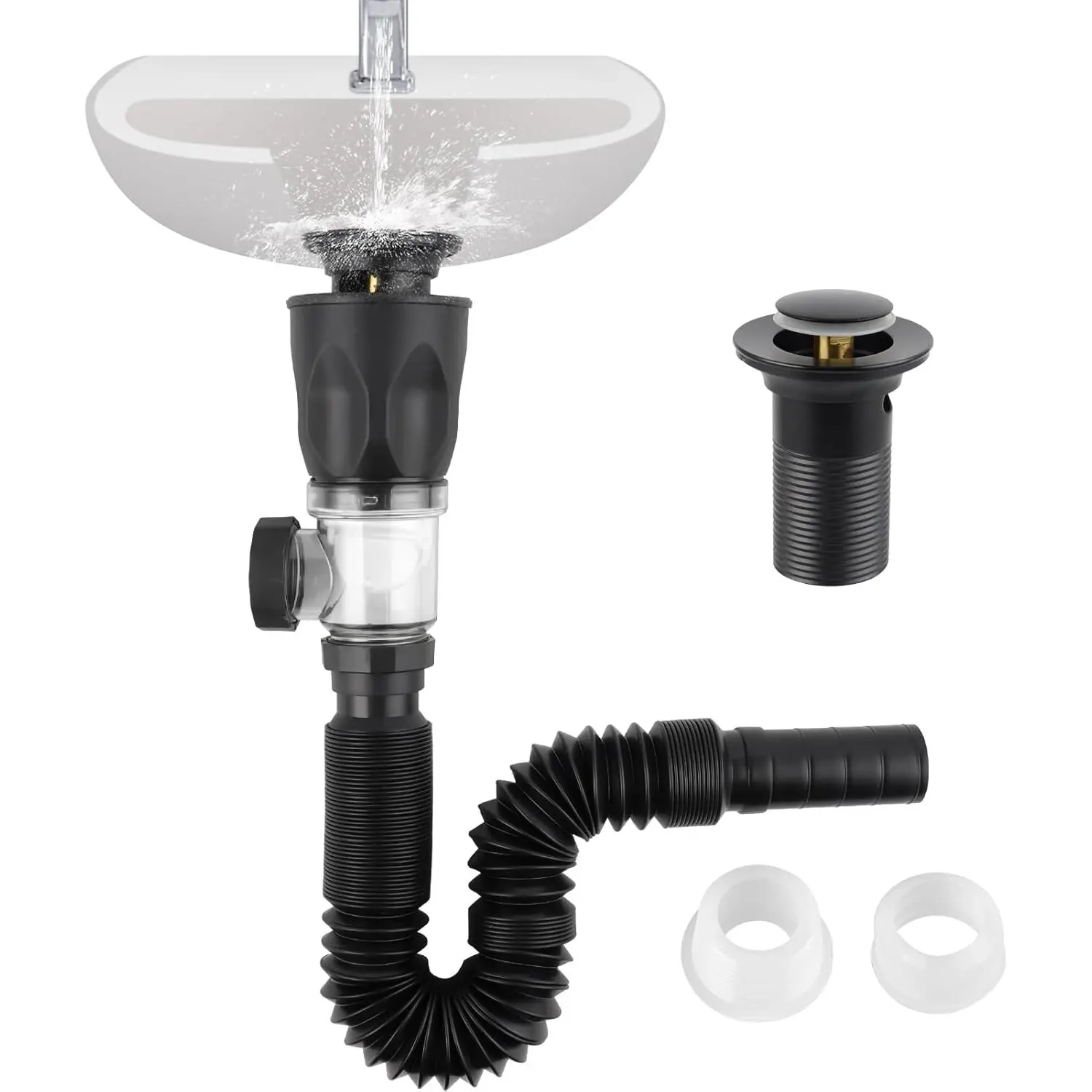 Bathroom Sink Drain Kit, Flexible P-Trap Drain Pipe with Pop Up Stopper, Expandable Bathroom Sink Pipe Replacement with 2 Adapters, Fits 1-1/4'', 1-1/2'', 2" Holes, Hair Catcher, Black