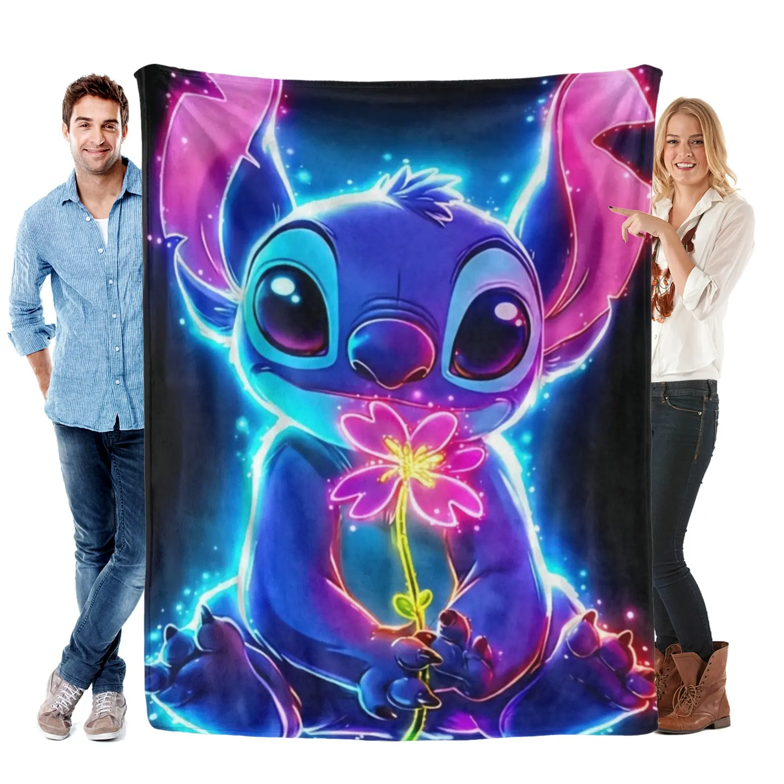 Disney Neon Light Flower Stitch Throw Blanket,Soft Flannel Throw,Big Portrait Design For Bed Couch,Stitch Stuff,Soft Daily Sofa Nap Cover