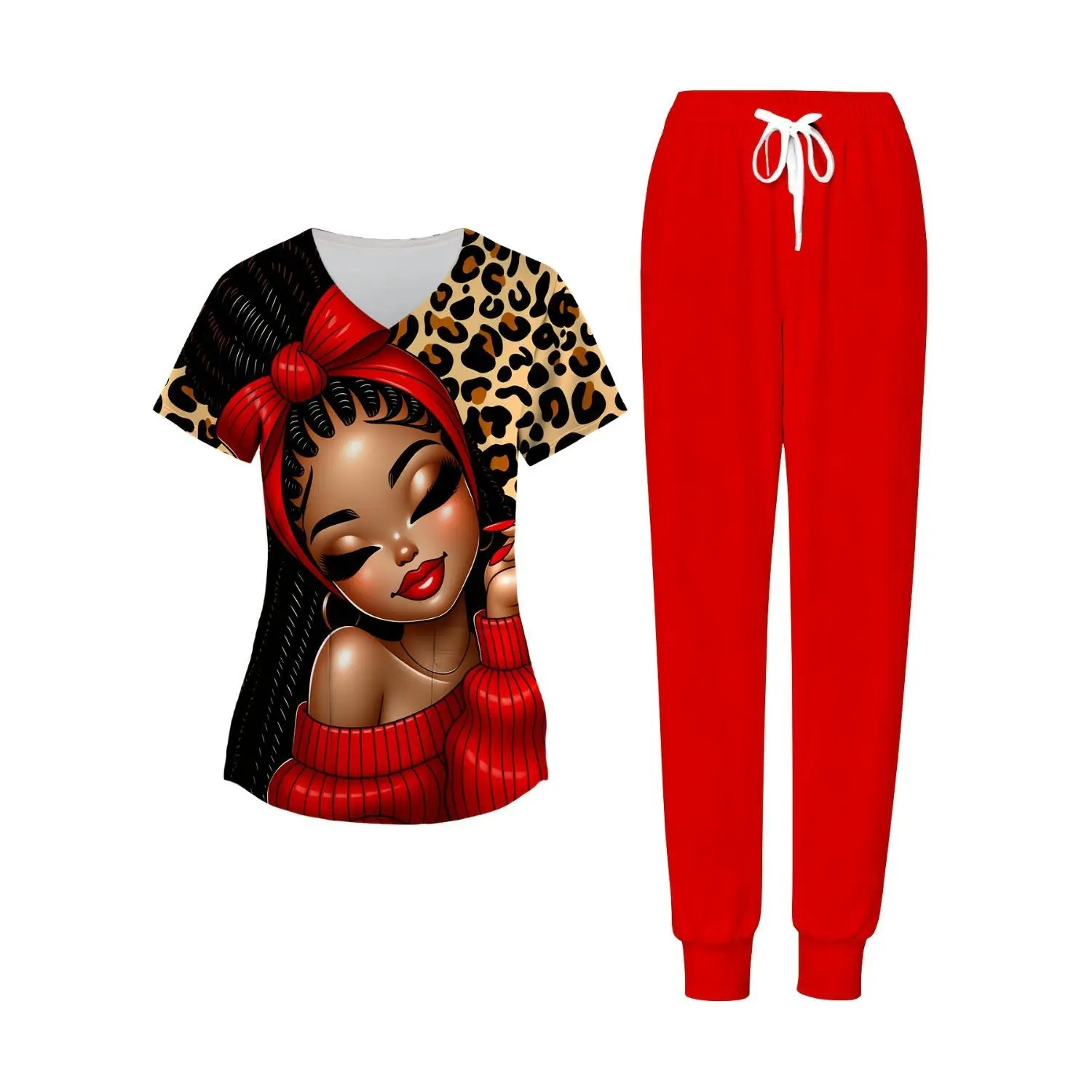 Leopard Print Nurse Uniform Set with Red V-Neck Top, Headwrap, and Jogger Pants - Black History Month Casual Workwear Scrub Set for Women