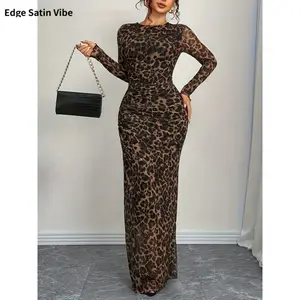 Women's Elegant Leopard Print Slim Fit Sheer Long Sleeve Dress, Feminine Waist-Cinching Tight Mesh Long Dress