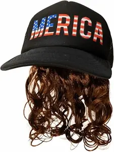 USA Black Mullet Hat Brown Wig Merica Redneck 4th of July All American Costume