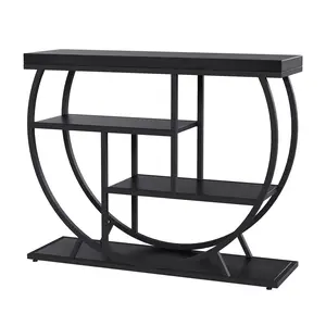 Modern Entryway & Hallway Sofa Table with Storage Shelves, Space-Saving Accent Furniture, 4-Tier Narrow Console Table with Circle Base – Metal Frame