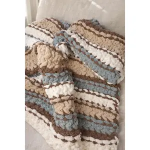 Chunky Knit Mountain Stripe Blanket – Plush Chenille Throw, Rustic Alpine Colors