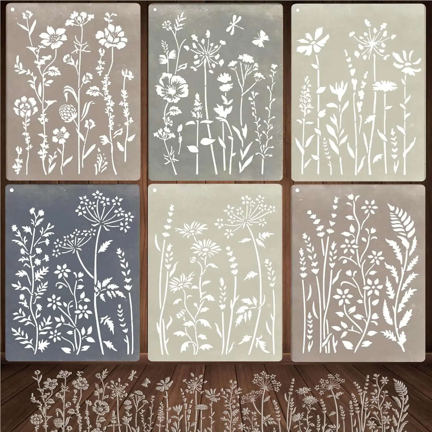 6-Piece Wildflower Stencil for Painting - Large Reusable Floral Design for DIY Furniture Decor Modular Stencil Kit for Wood, Walls & Home Art
