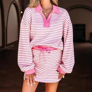 Women??s Stripe Collared V Neck Drop Shoulder Pullover and Drawstring Mini Skirt 2pcs Outfit Casual Long Sleeve Two Piece Matching Set 2025 Fall Suits??gift??