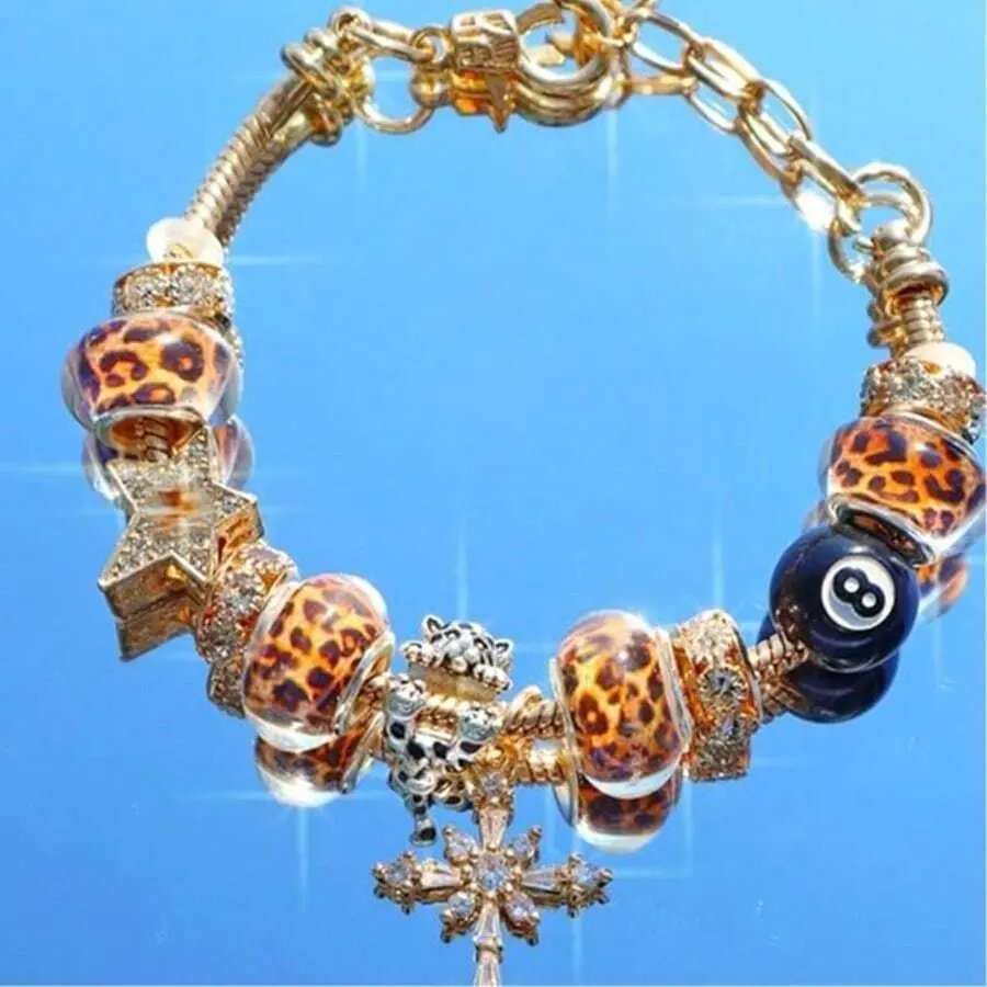 1pc Leopard Print Billiard Ball Charm Bracelet, 1pc Cherry Cross Music Festival Bracelet, 1pc Leopard Print Star Girl Bracelet