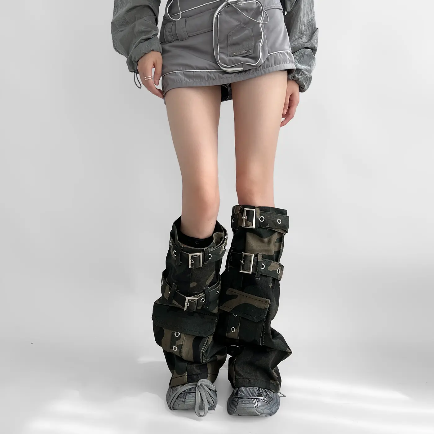 Unique Subculture Spring Summer Heavyweight Camo Washed Distressed Denim PunkWasteland Baddie Style Tie-Up Leg Warmers Sock Sleeves
