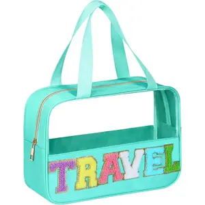Chenille Letter Patch Clear Travel Bags, Preppy PVC&Nylon Makeup Bag with Handle and Zipper,  Large Clear Travel Toiletry Bag Storage Bag for Women Girls