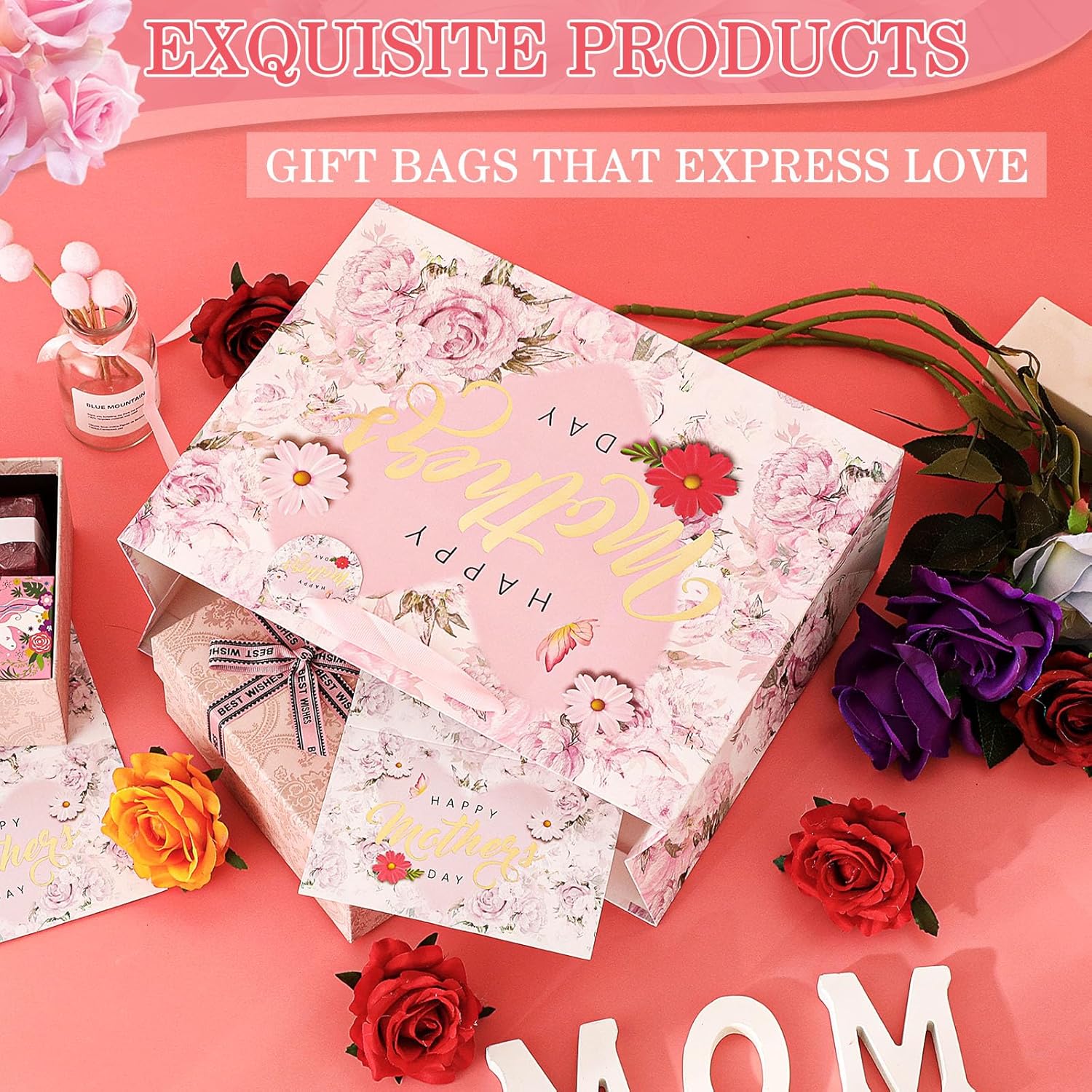 Mother’s Day Gift Bag Set 13” Floral Gold Foil with Card & Tissue, Happy Mother’s Day Gift Bag for Mom Grandma Nana, Premium Gift Wrap Supplies