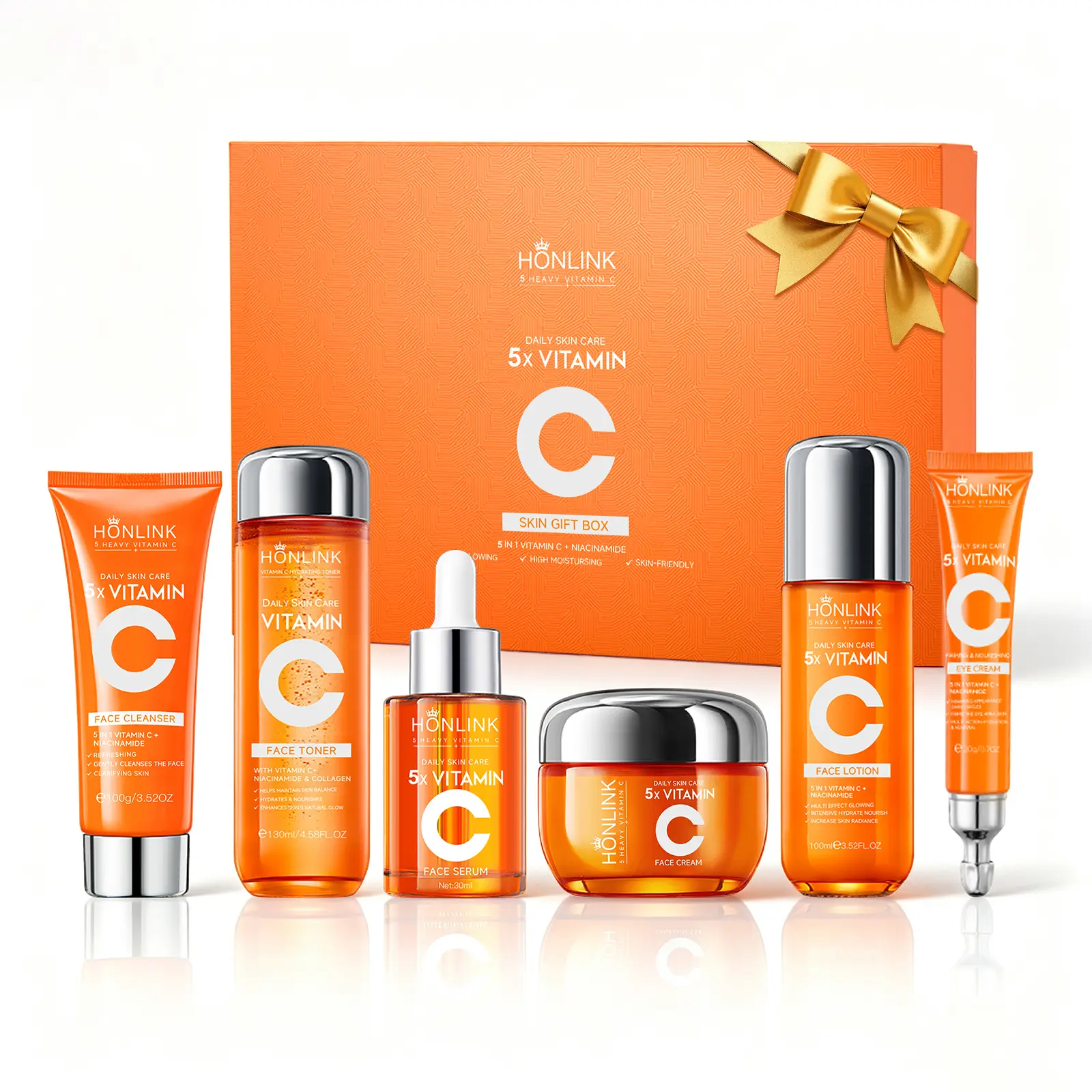 5 Heavy Vitamin C Skincare Set with Niacinamide & Collagen - 6-Piece Facial Care Gift Box with Cleanser, Toner, Eye Cream, Serum, Lotion, Face Cream for Brightening, Firming & Hydration