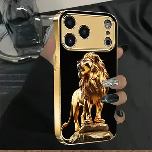 Golden Lion Stone Statue Pattern Electroplated Glass Phone Case, Available in Gold and Silver, High-end Luxury Phone Case, Compatible with iPhone 11/12/13/14/15/16/17