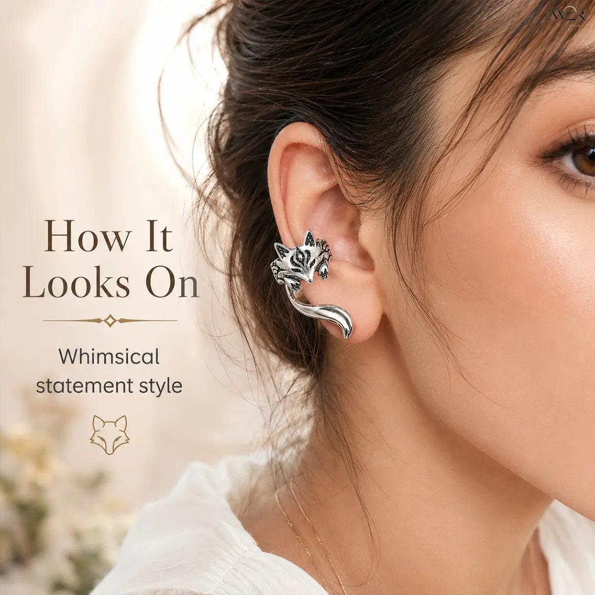 Silver Tone Fox Ear Cuff Earrings for Women and Girls, Whimsical Animal Statement Jewelry, Lightweight & Comfortable 20mm Accessory, Women/Girls