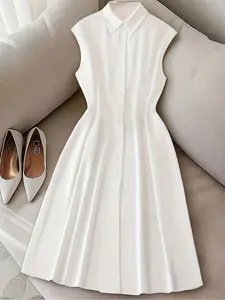 A set of women's casual flattering sleeveless temperament white shirt dress, waist cinching slimming mid length skirt, suitable for all seasons, suitable for home, indoor, outdoor wear