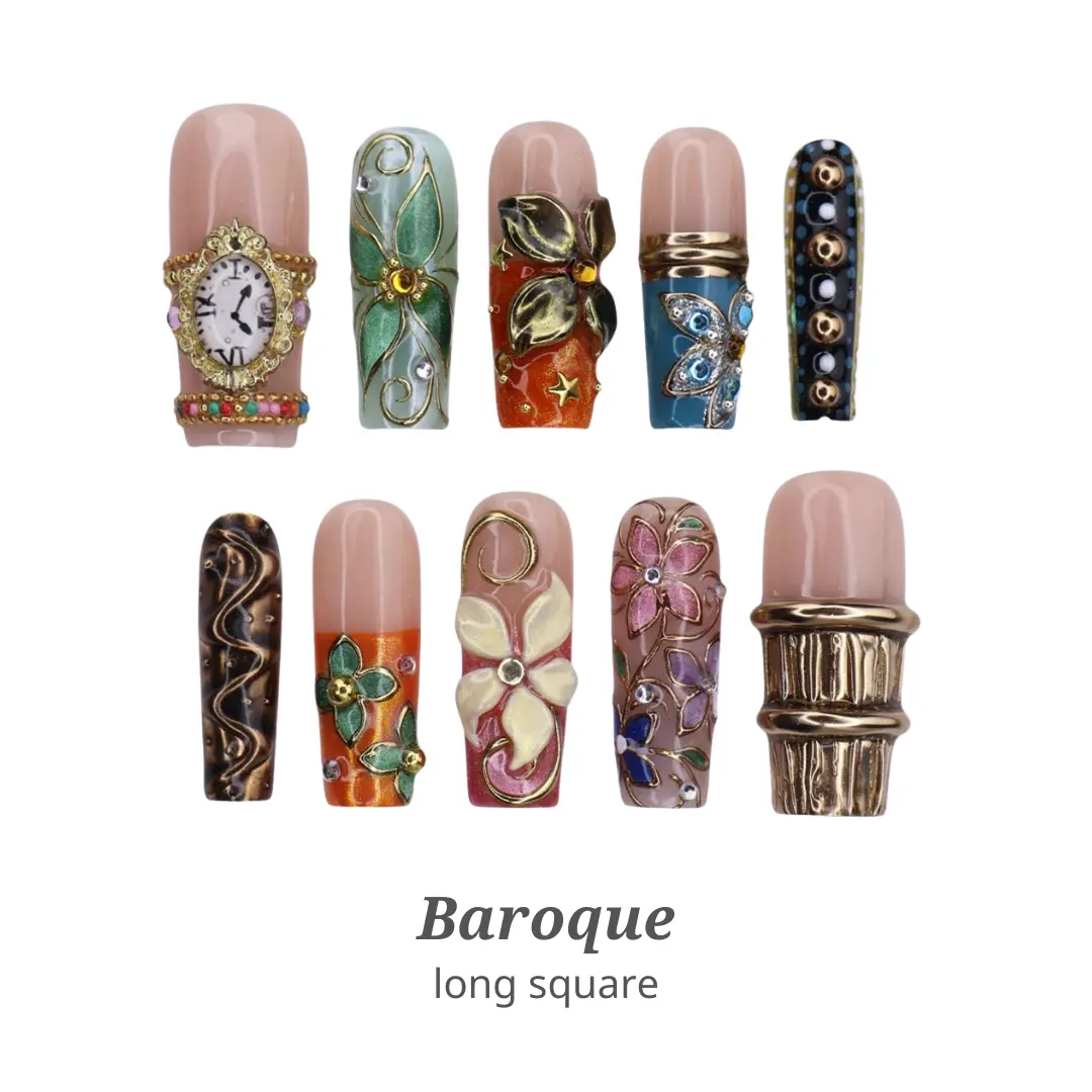Lilynailsart | Maximalist Baroque Nails – Vintage Gold Ornate Floral Gemstone Chrome Nails – Long Square Luxury Nails