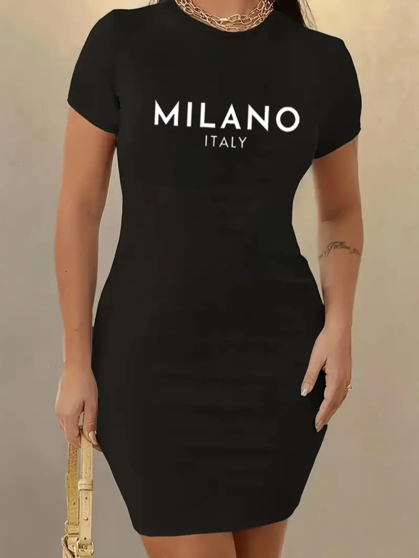 Women's Letter Print Round Neck Bodycon Dress, Fitted Dresses, Casual Elegant Dresses, Date Night Dresses, Casual Short Sleeve Crew Neck Short Dress for Summer, Women's Clothing for Daily Wear, Lady, Womenswear