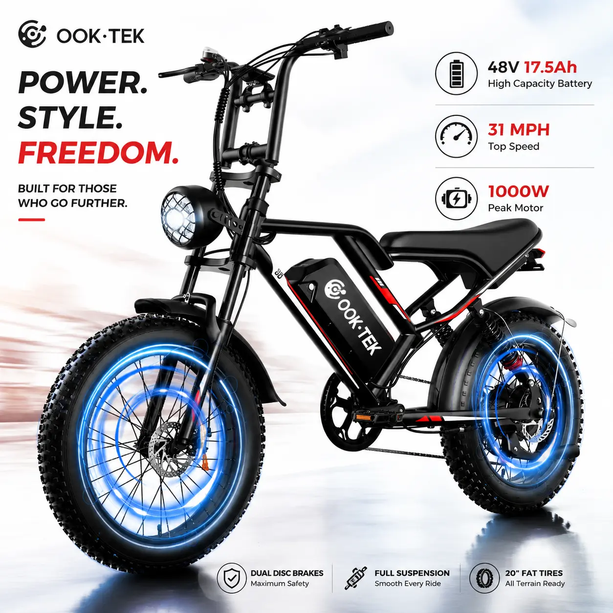 Adult 1000W Electric Fat Bike, 48V 17.5Ah Removable Battery, 31MPH Long Range, Dual Suspension, Dual Braking System, 7-Speed, 5-Gear, for Sports & Outdoor Leisure Cycling